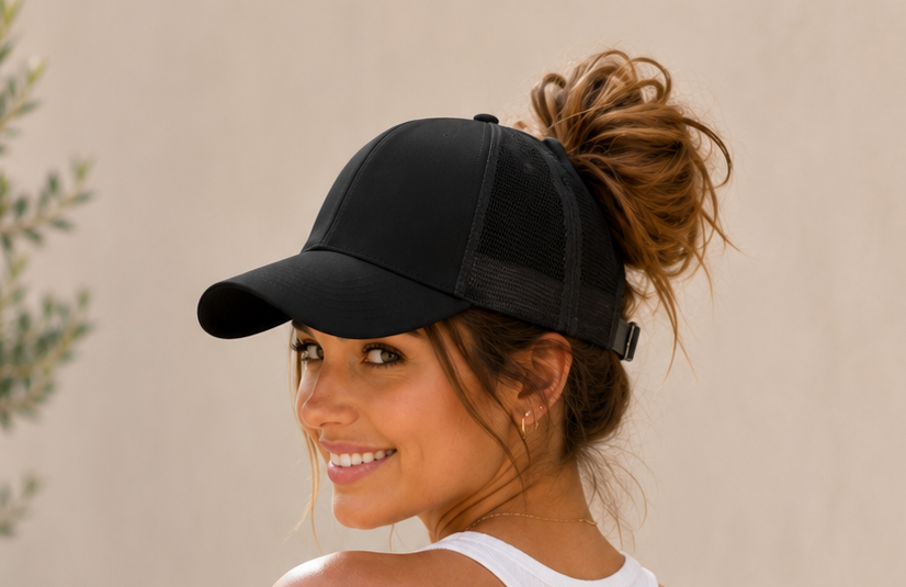 Gorra para moño Auren Halo en Negro Onix con apertura para messy bun