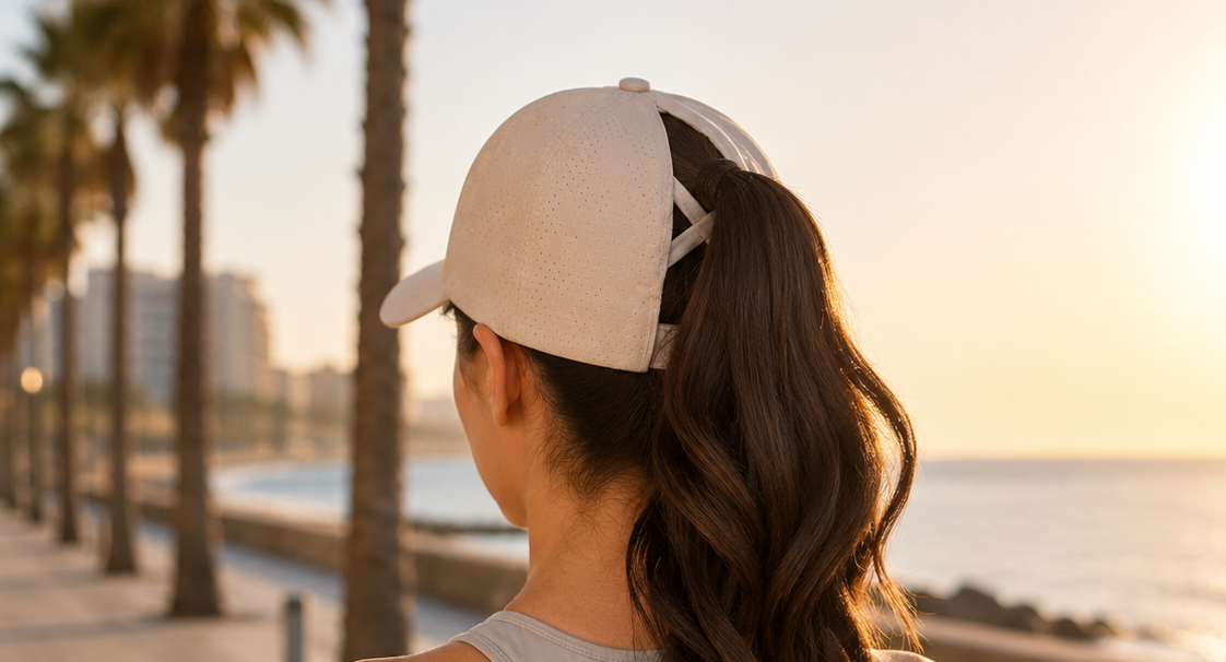 Gorra deportiva Auren Versa en Beige Arena con abertura cruzada para coleta